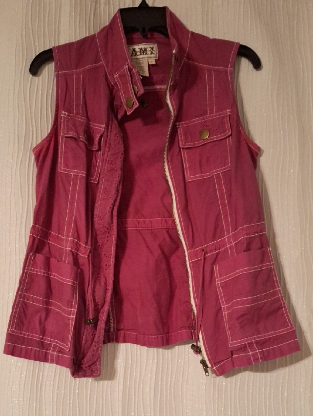 Sleeveless Utility Vest - Raspberry Pink with White Stitching - Picture 3 of 7